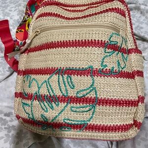 Vera Bradley Straw Backpack with Red and Teal Accents